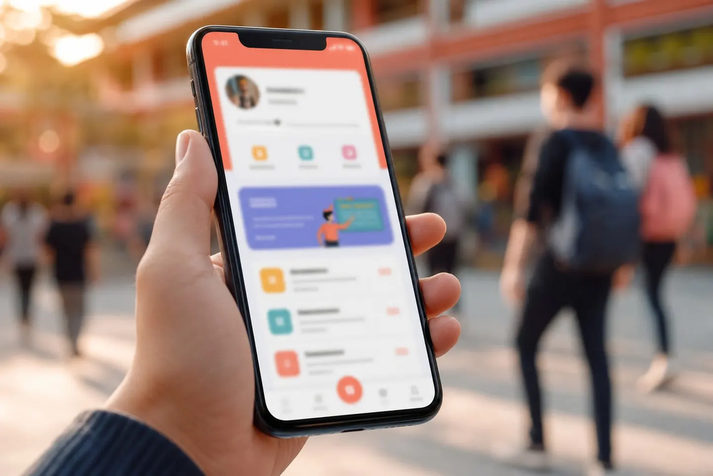 Hand holding the Sarasvi Mobile app on campus