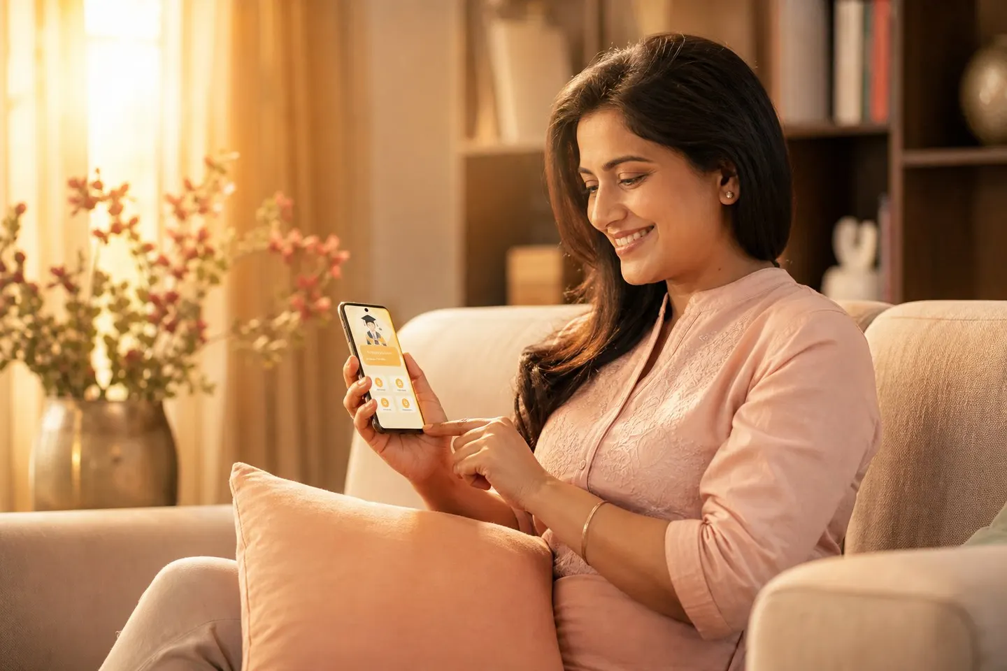 Parent at home viewing child's progress on phone